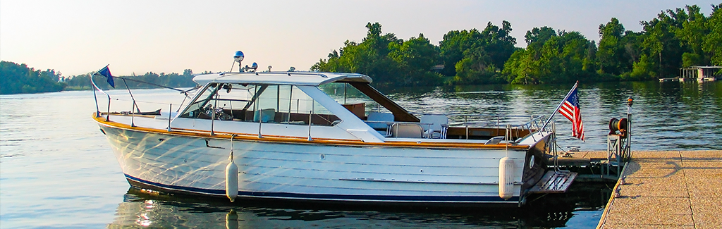 Boat on a lake with an American flag