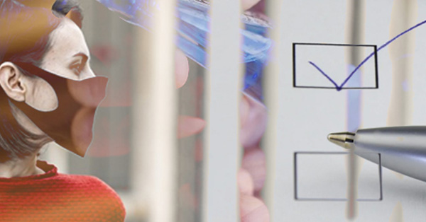 Women wearing a cloth face mask with a check list and pen superimposed